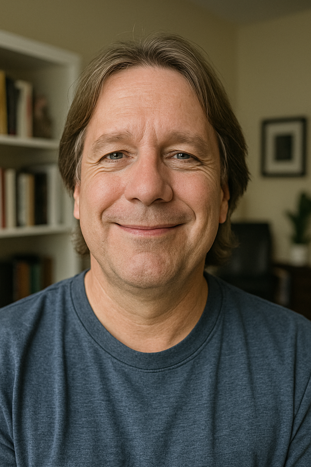 Portrait of Elias Carpenter, small business owner and OmniPrepper user, photographed in a home office