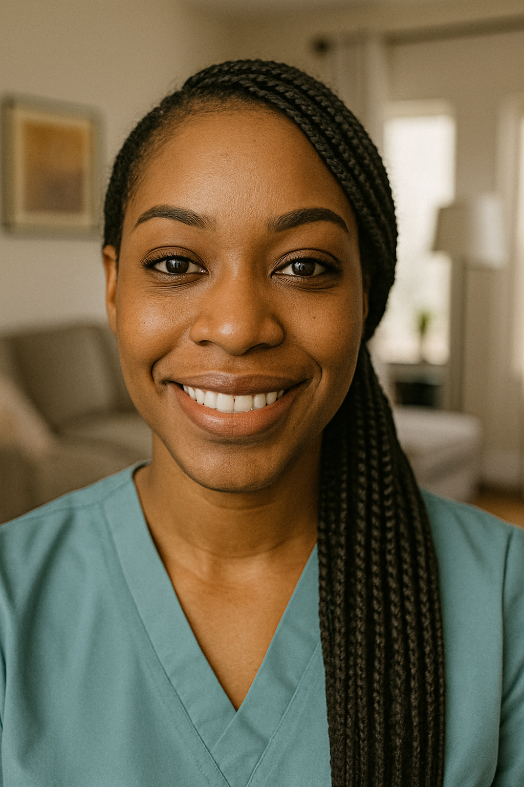 Portrait of Iris Griffin, dental hygienist and OmniPrepper user, smiling in an apartment living room