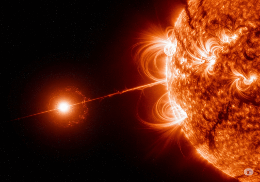 Highly detailed digital illustration of the sun emitting a massive solar flare in space. Bright red plasma arcs and magnetic loops are visible on the sun’s surface, with a prominent solar eruption stretching outward toward a smaller, glowing celestial object in the background, set against a star-filled black sky.