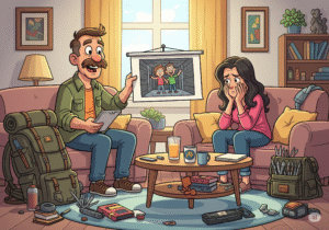 Cartoon-style illustration of a couple preparing for a survival scenario in their cozy living room. The man, cheerful and enthusiastic, is holding a clipboard and showing a drawing of two people in a bunker, while the woman looks stressed with her hands on her face. The room is cluttered with emergency gear like backpacks, tools, survival kits, and water bottles.