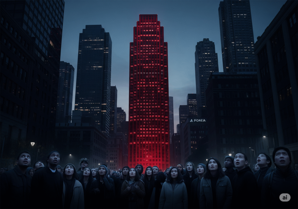 A modern city at dusk with a widespread power outage, rendering all buildings and streetlights dark except for a single skyscraper that glows ominously with red light from all its windows. A crowd of worried people stands in the dark street, staring up at the red-lit building.