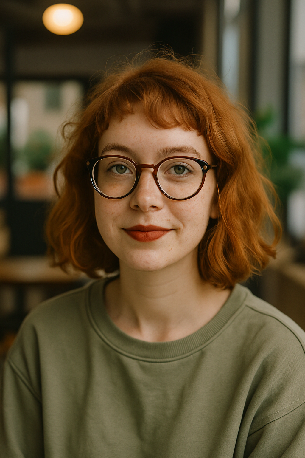 Portrait of Verda George, a quirky redheaded woman in her late twenties with a playful, artsy look, seated in a cozy New York City café with warm, ambient lighting.