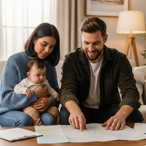 A mixed-race mother in a blue sweater holds her baby while a father in a dark shirt points at a map on a coffee table. The family sits on a couch in a well-lit living room, appearing calm while reviewing their AI-powered preparedness plan.