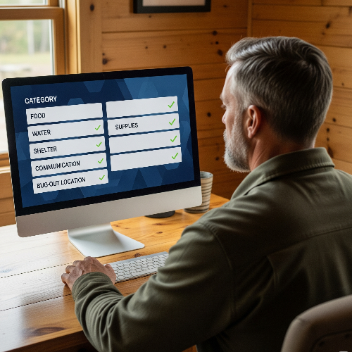 An over-the-shoulder shot of a middle-aged man with short gray hair and a beard, wearing rural clothing, seated at a wooden desk in a cabin. He is editing his AI-powered preparedness plan while looking at a large desktop computer screen that clearly displays a digital interface with "Food," "Water," "Shelter," "Supplies," "Communication," and "Bug-Out Location" checklists, all marked with checkmarks. The image is well-lit and conveys a sense of preparedness and control.