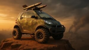 A comically modified Smart Car with oversized off-road tires, a camo paint job, a bull bar, and fake rocket launchers mounted on the roof, perched dramatically on a cliff overlooking a smoky, post-apocalyptic wasteland at sunset.