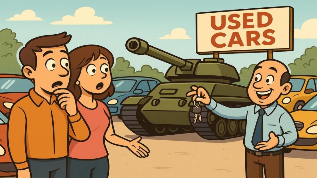A cartoon-style image of a surprised couple at a used car lot as a smiling salesman points proudly to a shiny military tank parked among regular cars. The salesman holds out the keys while a “Used Cars” sign is visible in the background.